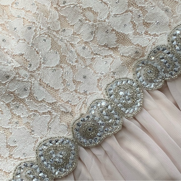 Davids Bridal Formal Long Gown Size 5 Pastel Pink Beaded Strapless Chiffon Lace - Picture 6 of 17